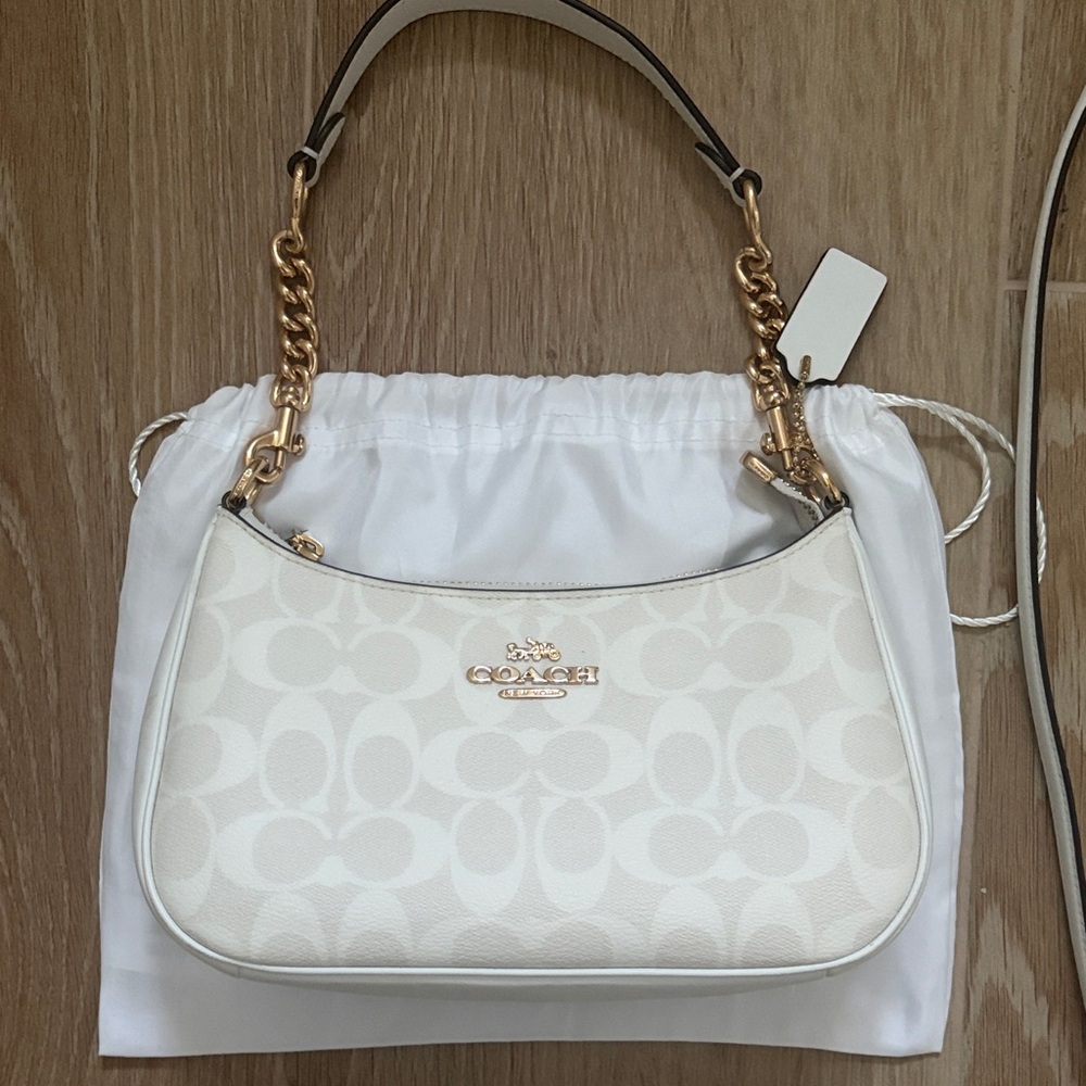 Coach Teri Shoulder Bag Chalk Signature Canvas Gold Hardware Crossbody Strap